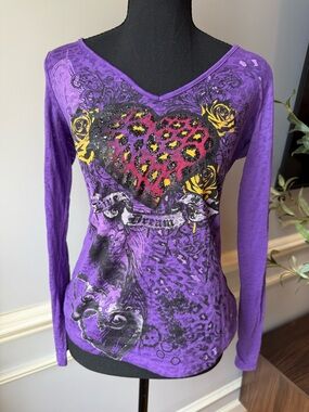 Rocker Girl Purple Graphic Top Leopard Heart Burnout Long Sleeve Y2K M